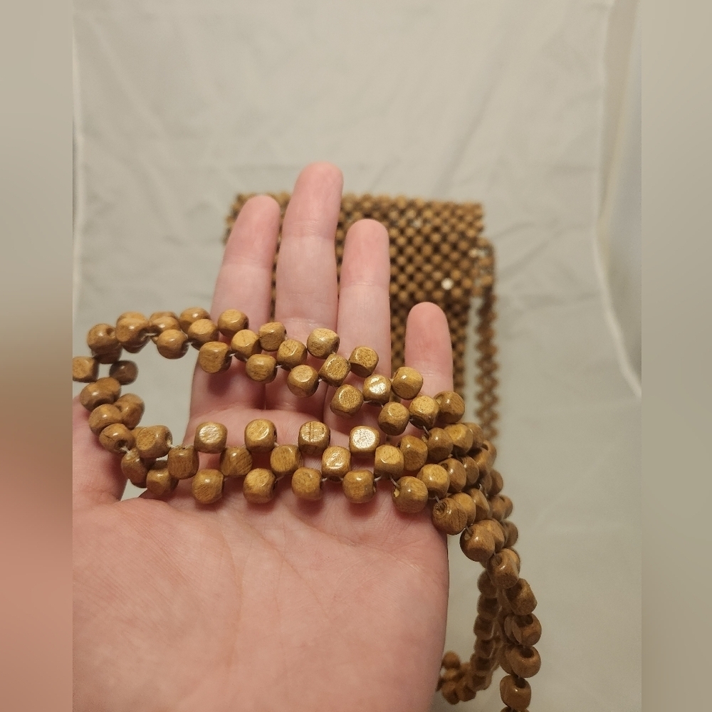 8" Tan Wood Beaded Hand Bag Purse 60" Long Strap - Picture 2 of 9
